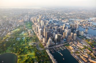 Sydney Harbour city scape central business district from air