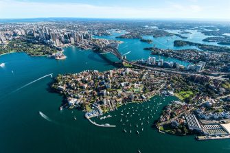 Aerial view of Sydney Harbor and Kirribilli Peninsula in Australia.