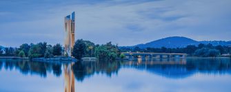 Gorgeous cityscape of the National Carillon at sunset over Lake Burley Griffin, Canberra, Australia