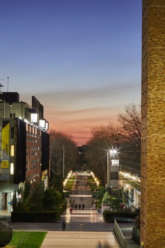 Kensington main walkway at dusk